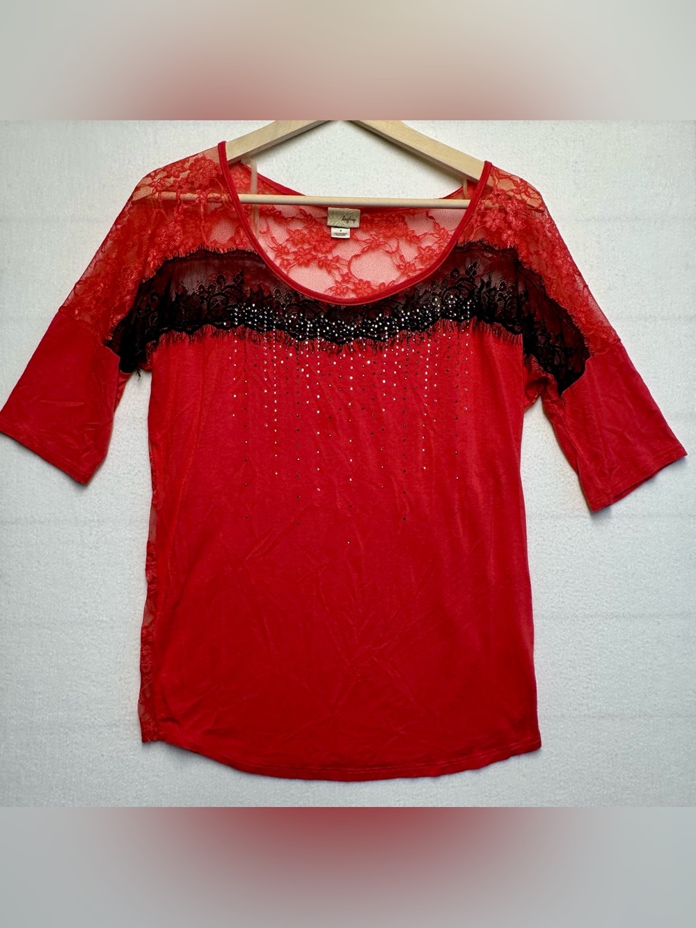 Daytrip Red Lace Embellished Top Women’s Small Rhinestone Detail Dressy Top